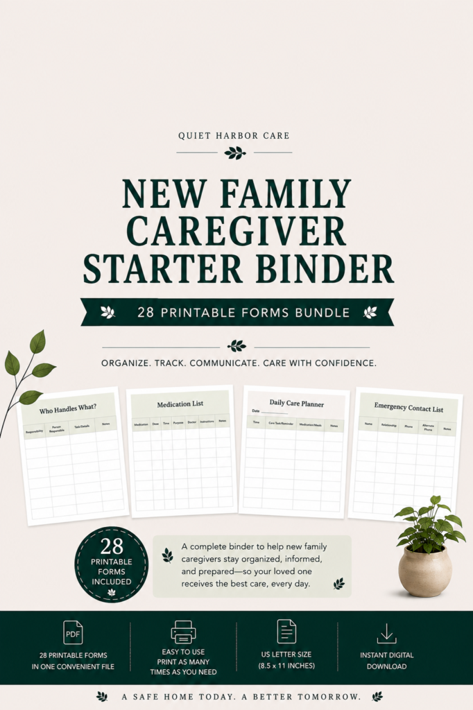New Family Caregiver Starter Binder printable caregiving organizer from Quiet Harbor Care